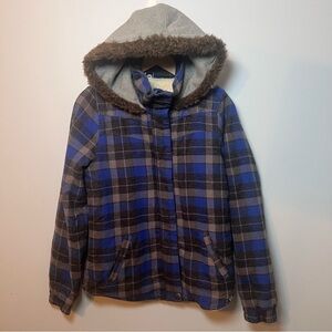 ROXY Blue Plaid Sherpa Lined Faux Fur Hooded Coat Women’s M Jacket Snow Winter